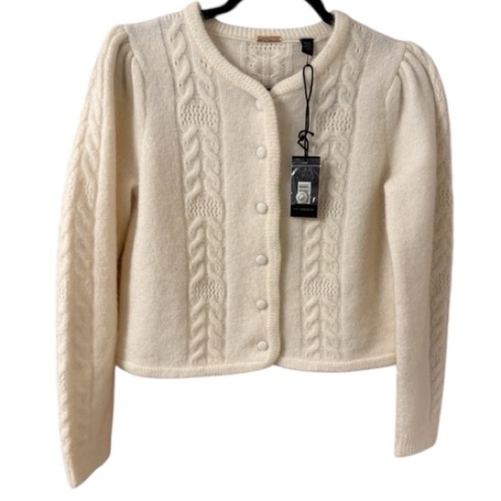 Magaschoni Cream Mohair Merino Wool Cable Knit Cardigan Sweater Size M NWT